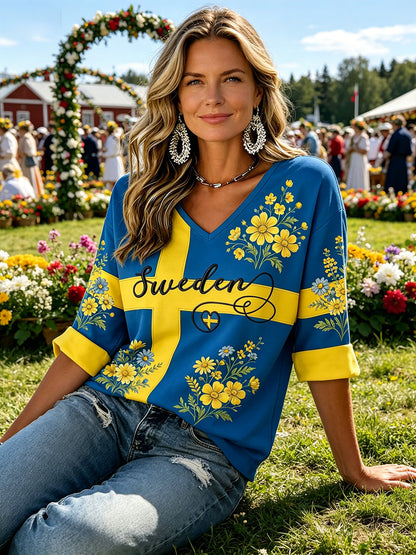 Ladies' Midsummer festival ethnic print casual V-neck top