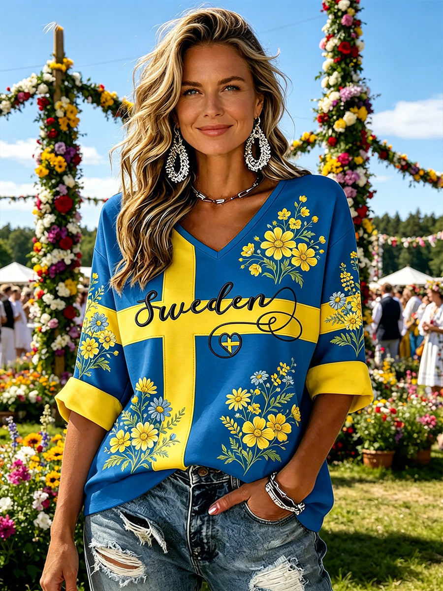 Ladies' Midsummer festival ethnic print casual V-neck top
