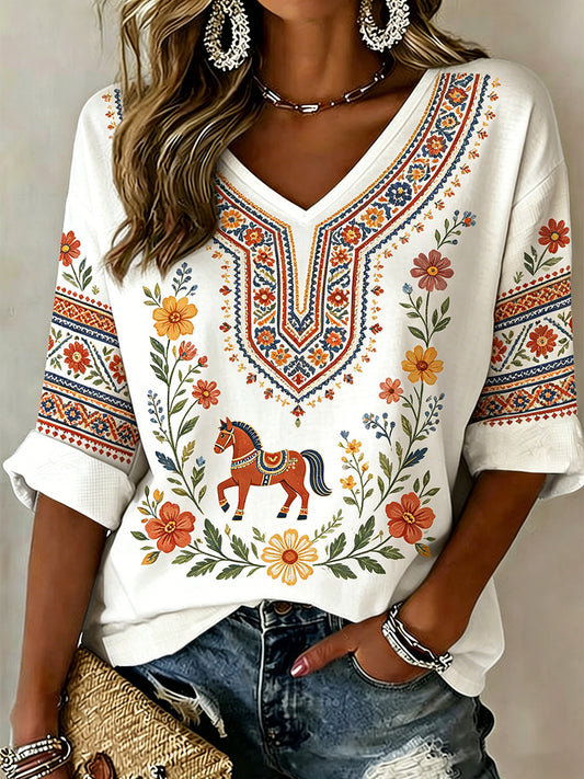 Ladies' Midsummer festival ethnic print casual V-neck top