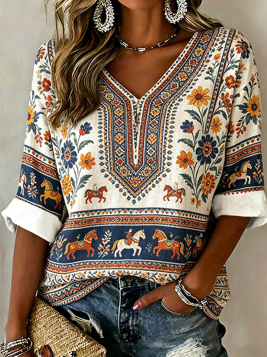Ladies' Midsummer festival ethnic print casual V-neck top