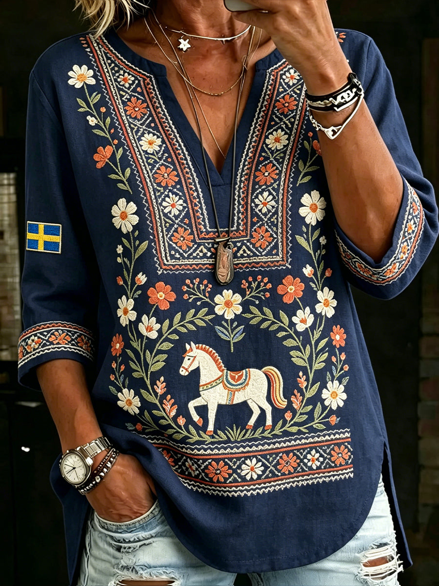Ladies' Midsummer festival ethnic print casual V-neck top