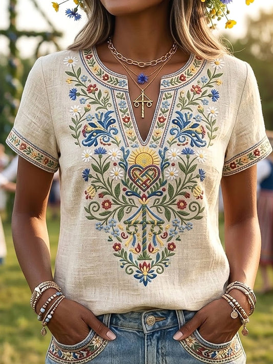 Women's Retro Swedish Midsummer Floral Art V-Neck T-Shirt