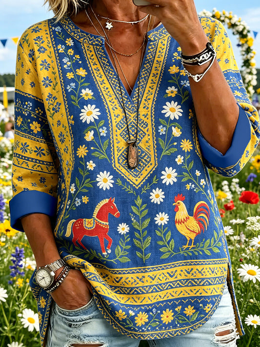 Women's Summer Style Ethnic Printed V-Neck Top