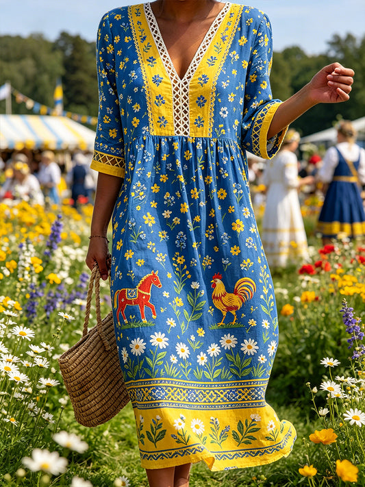 Women's midsummer style V-neck top with an ethnic pattern