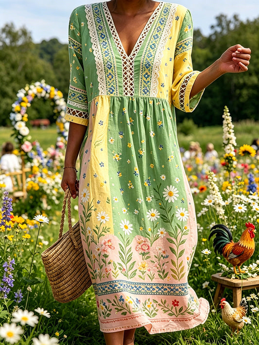 Women's midsummer style V-neck top with an ethnic pattern