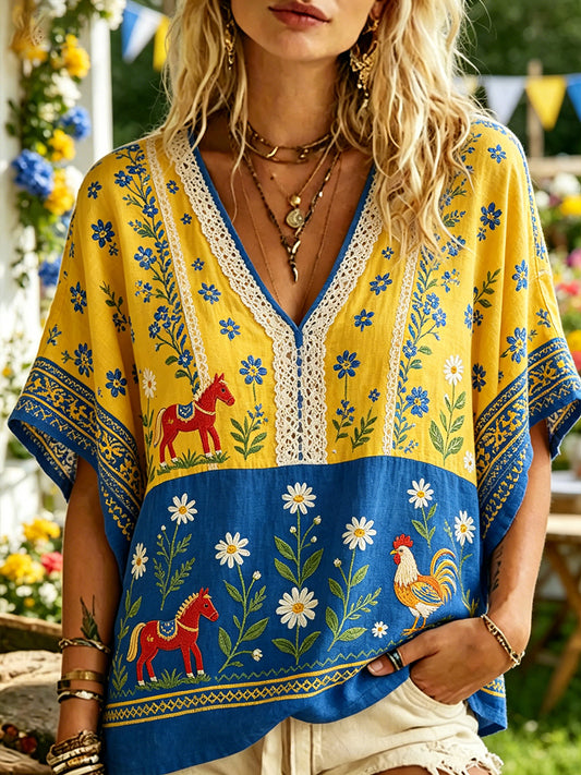 Women's casual V-neck shirt with Midsummer print
