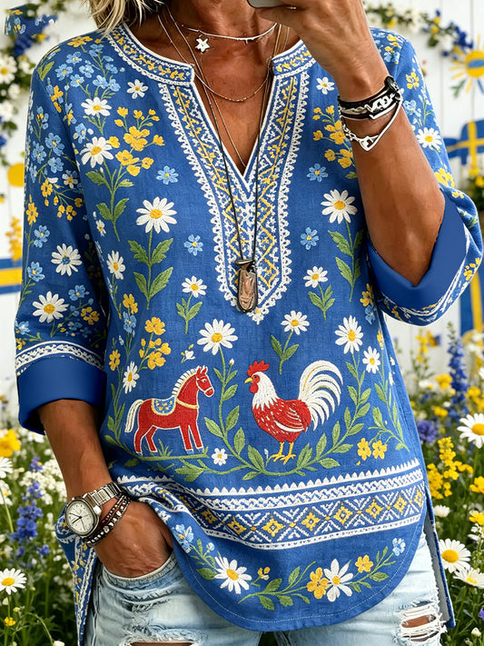Women's Summer Style Ethnic Printed V-Neck Top