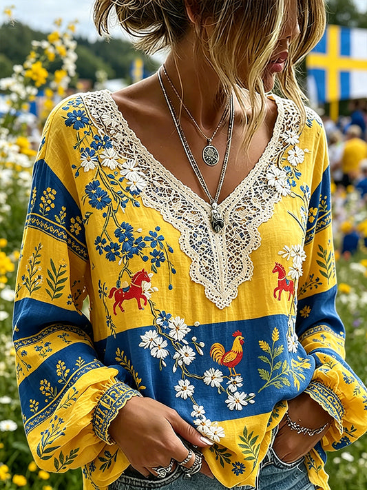 Women's Midsummer Festival Ethnic Country Style Printed V-Neck Puff Sleeve Top