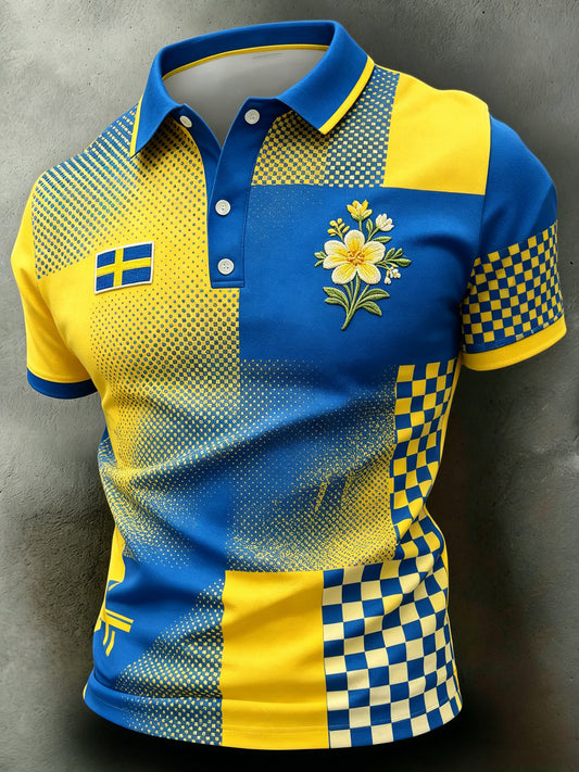 Men's polo shirt with an art print celebrating the Swedish Midsummer festival