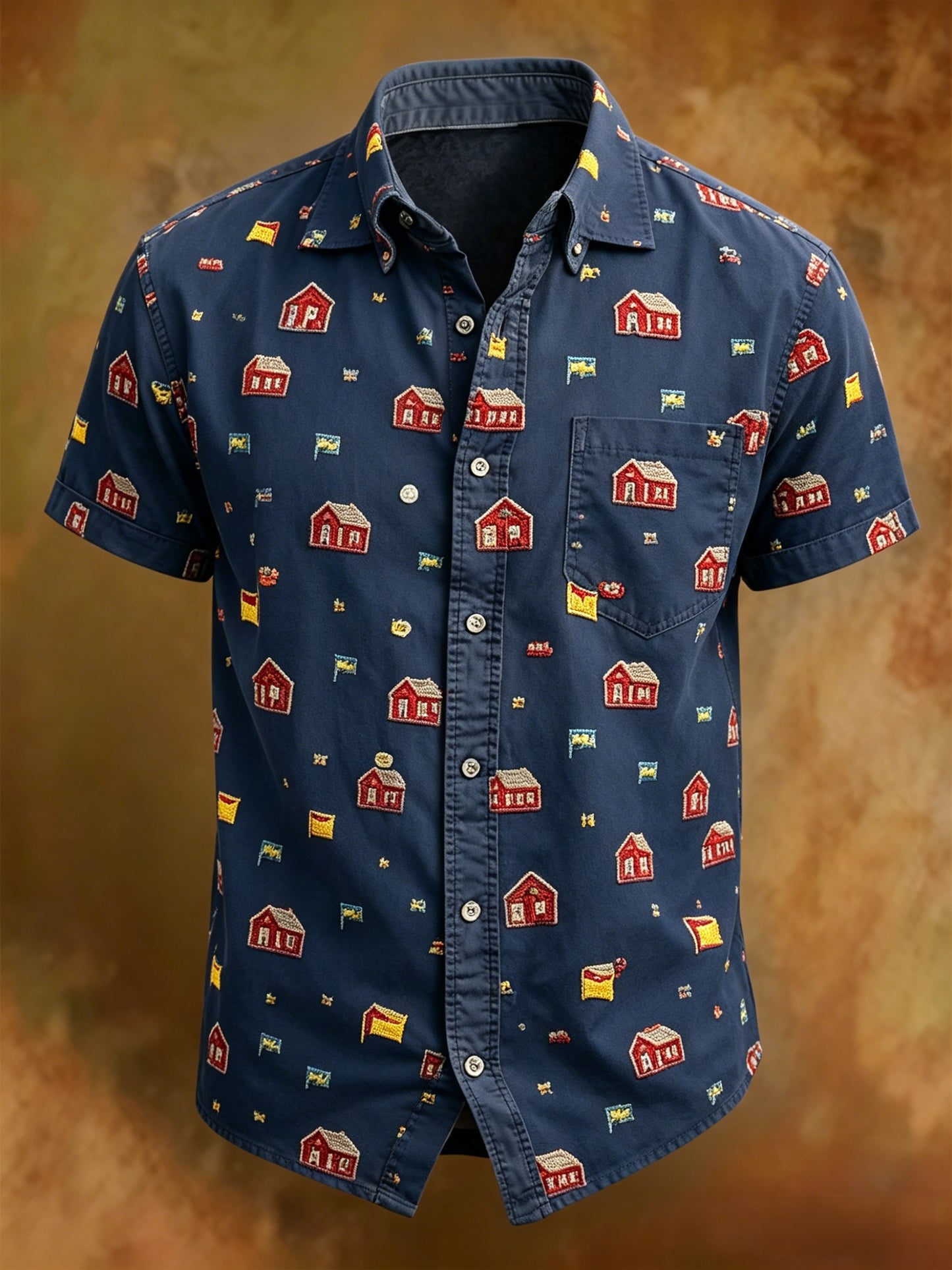 Retro Swedish Midsummer Print Relaxed Short Sleeve Shirt
