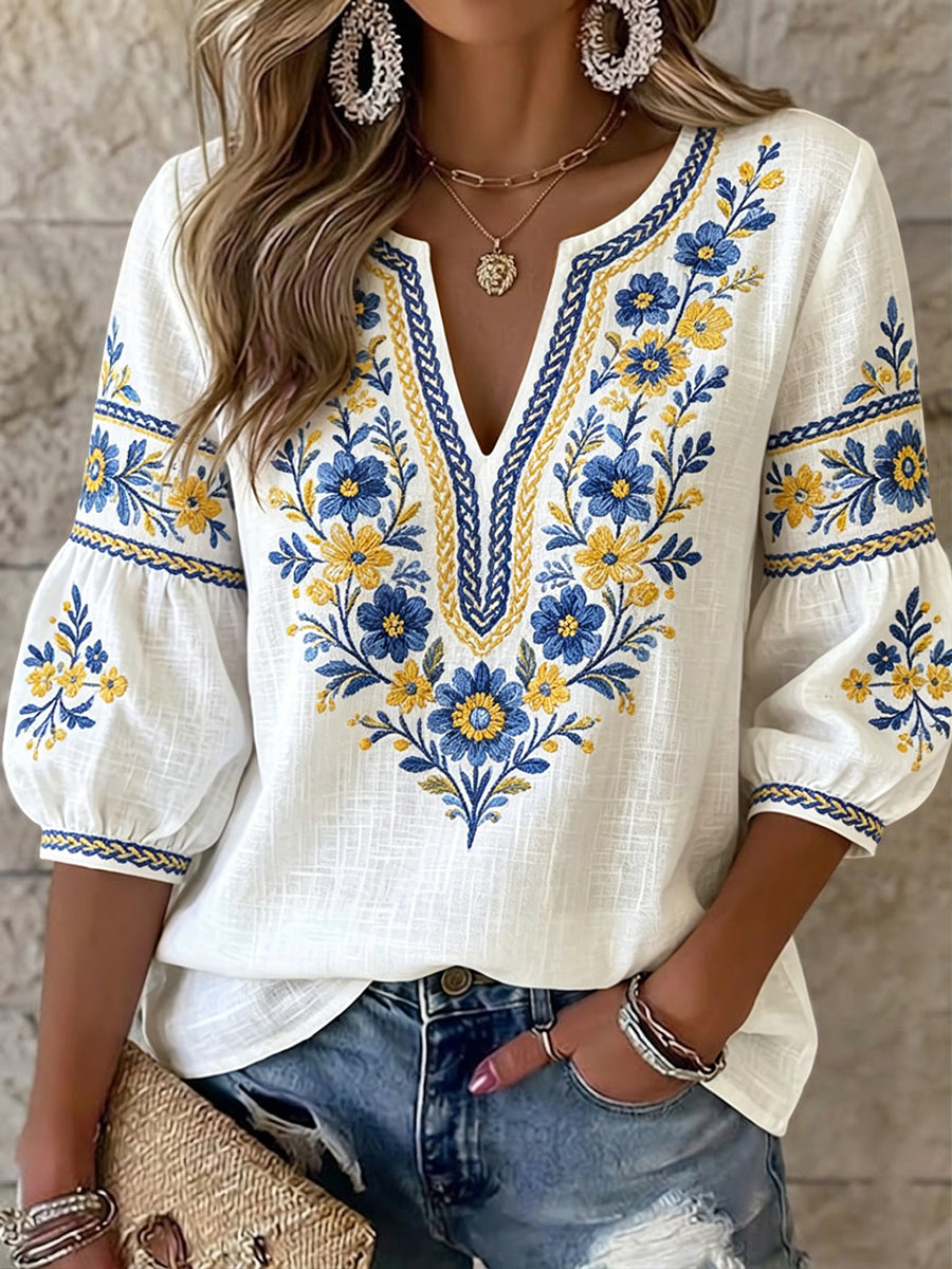 Women's Vintage Swedish Midsummer Floral Art V-Neck Top
