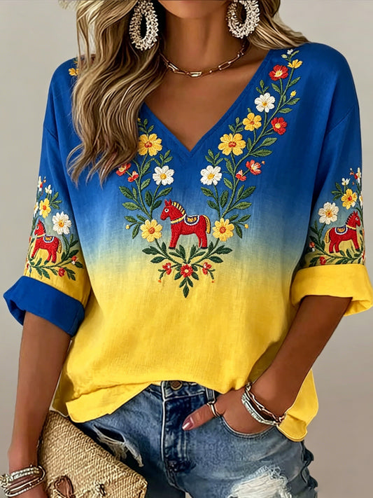 Women's Swedish Midsummer Festival Souvenir Art Print V-Neck T-Shirt