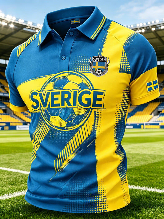 Men's polo shirt in a sporty style with raglan sleeves and football elements
