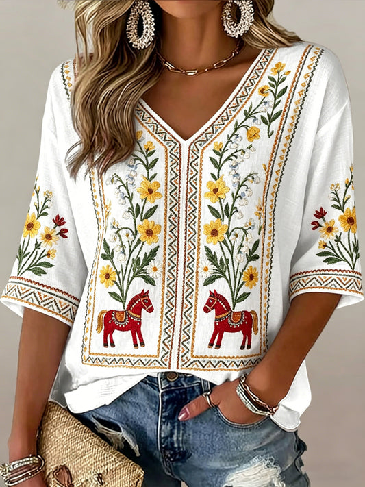 Women's Swedish Midsummer Festival Souvenir Art Print V-Neck T-Shirt