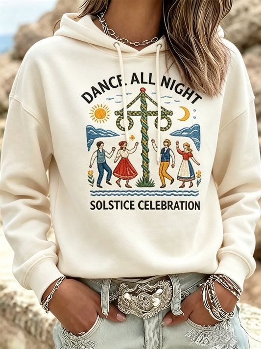 Retro Swedish Midsummer Print Relaxed Long Sleeve Hooded Sweatshirt