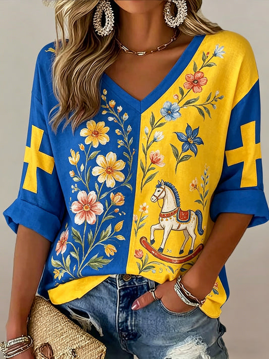 Women's Swedish Midsummer Festival Souvenir Art Print V-Neck T-Shirt