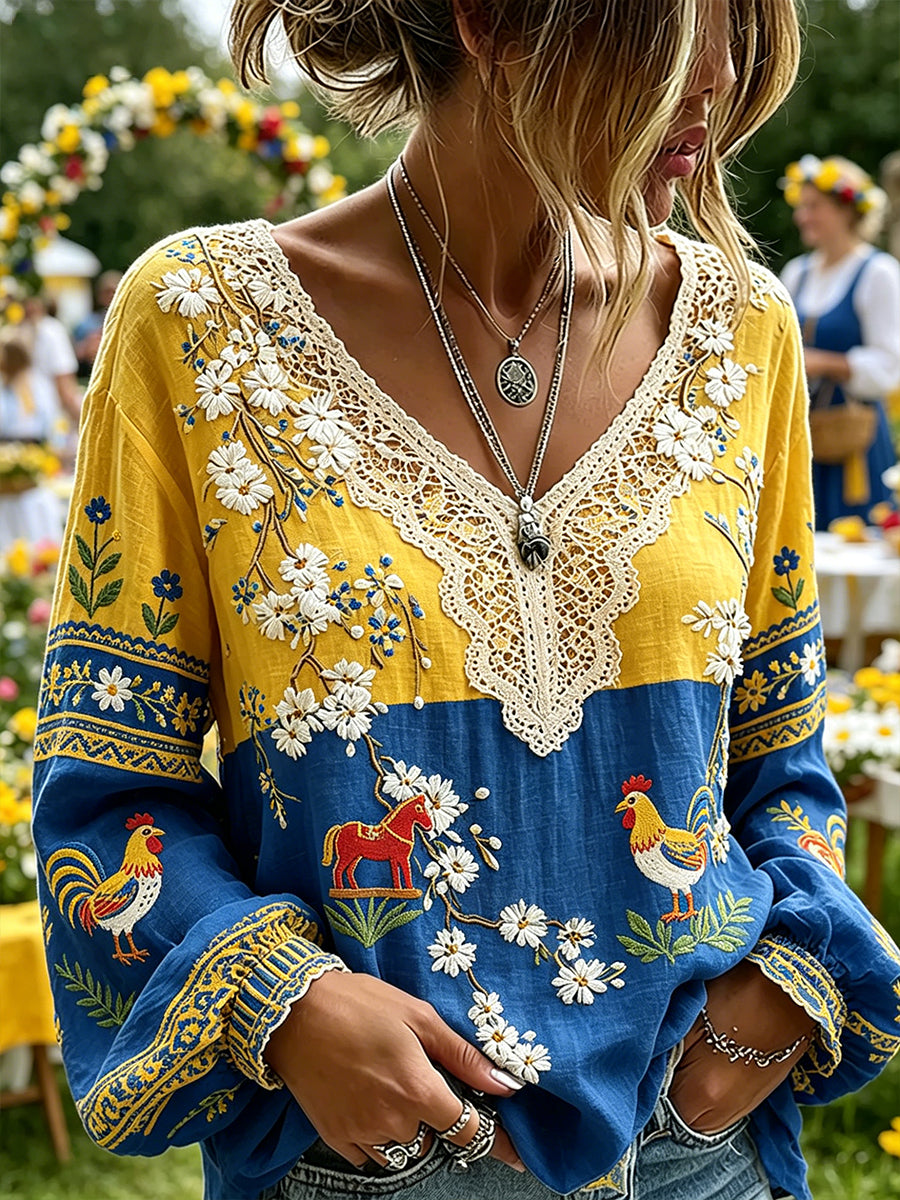 Women's top in midsummer style with ethnic pattern, V-neck, and puff sleeves