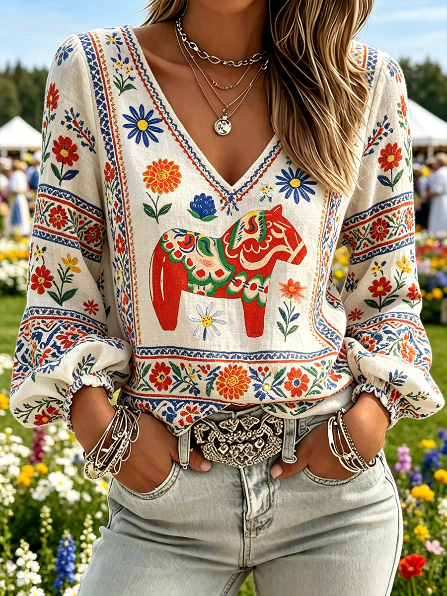 Women's Midsummer Festival Ethnic Country Style Printed V-Neck Puff Sleeve Top
