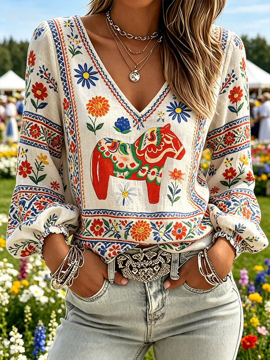 Women's Midsummer Festival Ethnic Country Style Printed V-Neck Puff Sleeve Top