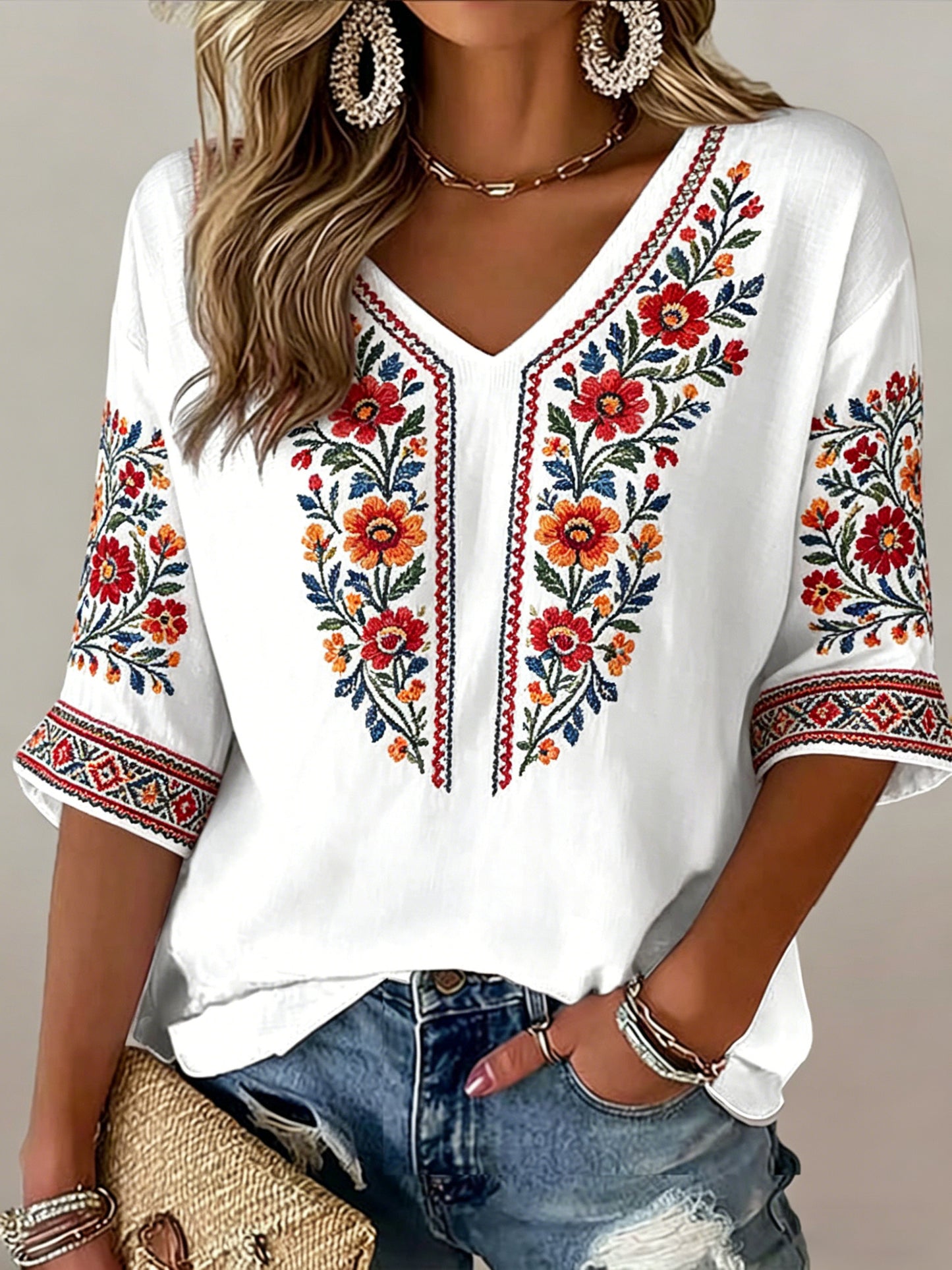 Women's Swedish Midsummer Festival Souvenir Art Print V-Neck T-Shirt
