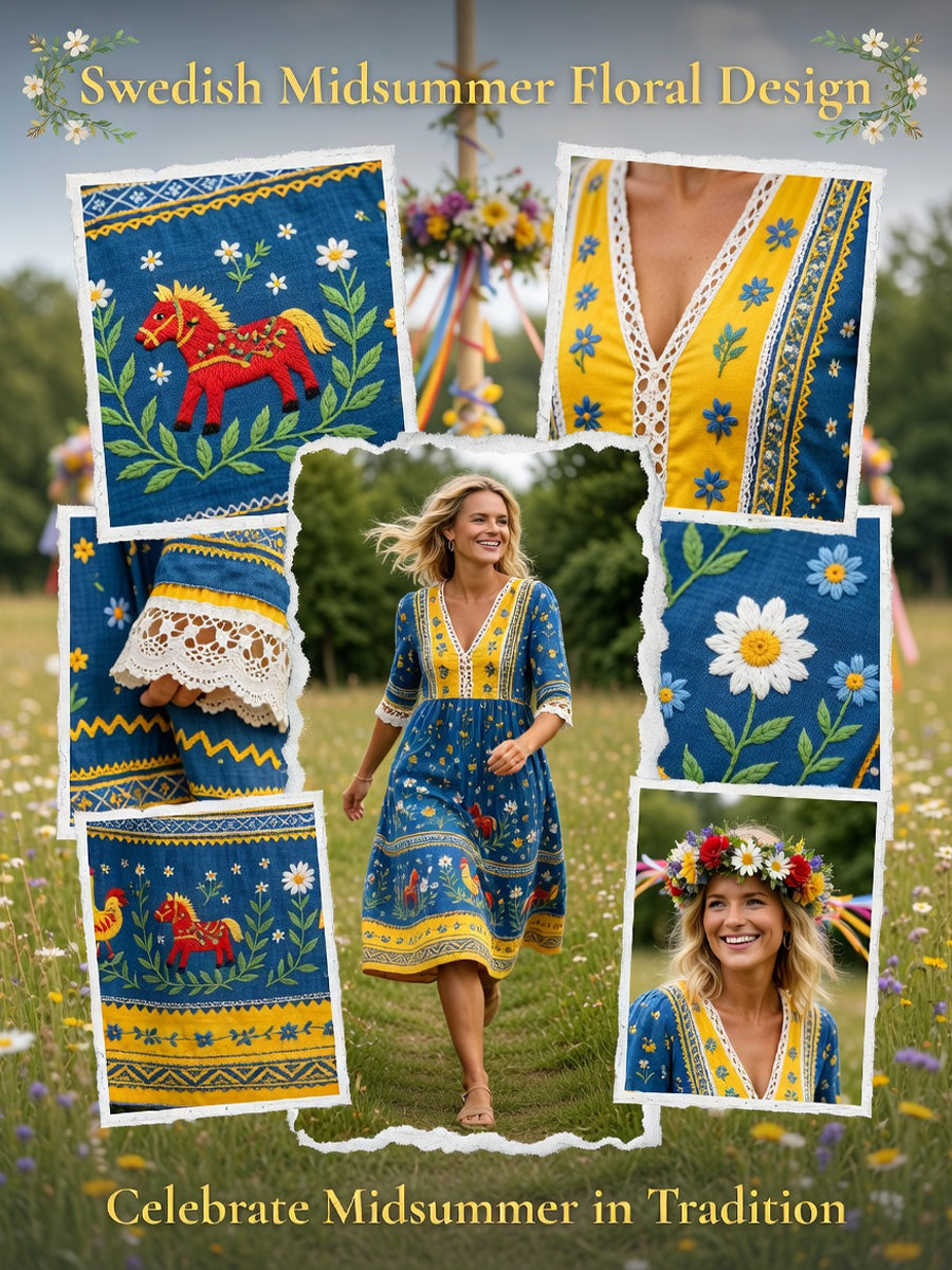 Kvinnlig ledig klänning med tryck på temat midsommarfest