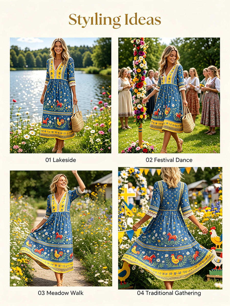 Kvinnlig ledig klänning med tryck på temat midsommarfest