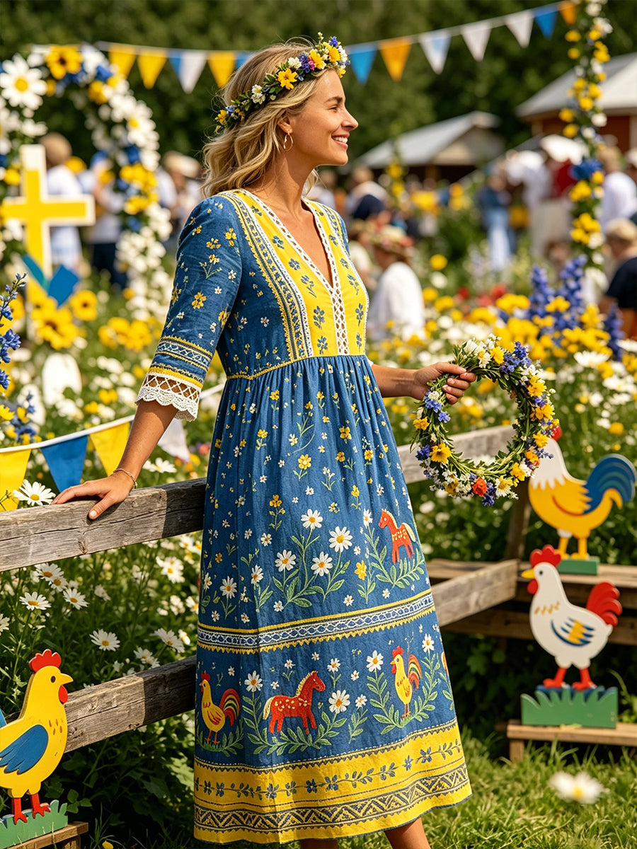 Kvinnlig ledig klänning med tryck på temat midsommarfest