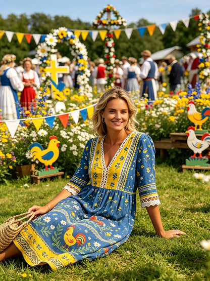 Kvinnlig ledig klänning med tryck på temat midsommarfest