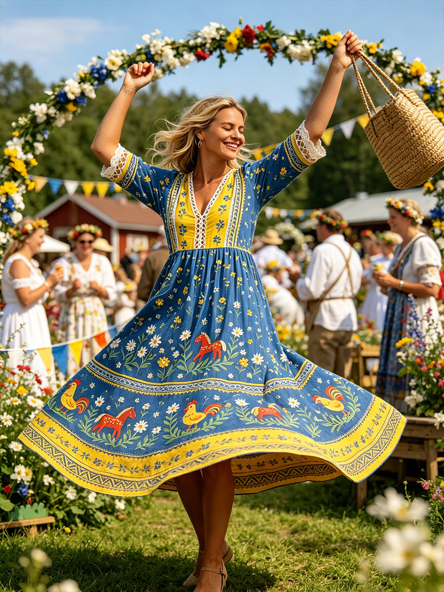 Kvinnlig ledig klänning med tryck på temat midsommarfest