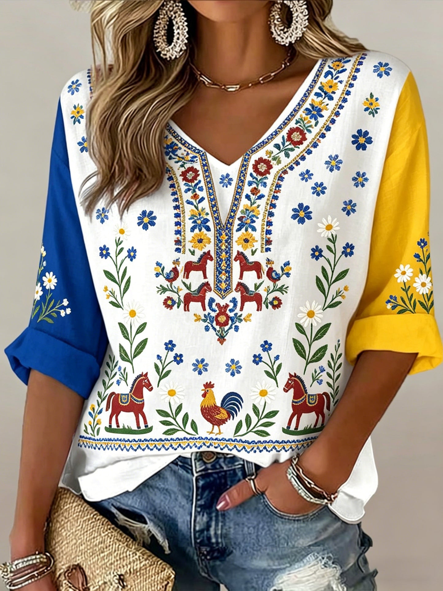 Damer Svensk midsommarfest minnesartprint T-shirt med V-ringning