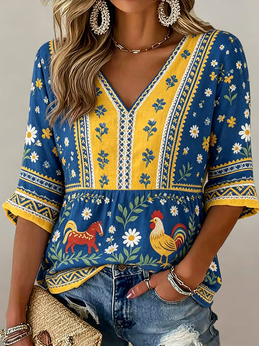 Women's Swedish Midsummer Festival Souvenir Art Print V-Neck T-Shirt