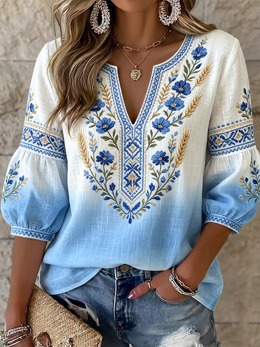 Women's Retro Art Swedish Midsummer Floral Gradient V-Neck Top