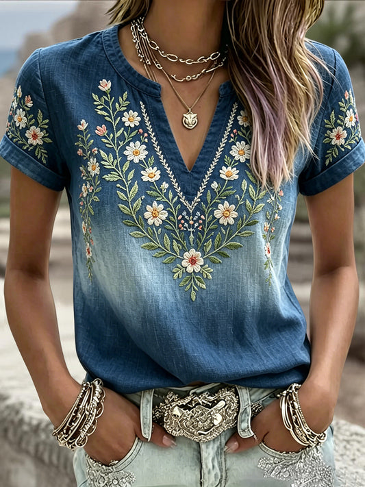 Women's Retro Swedish Midsummer Floral Gradient Art V-Neck T-Shirt