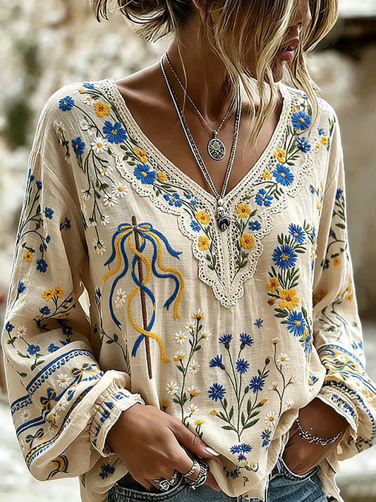 Retro midsummer floral art print - Relaxed and comfortable cotton-linen top