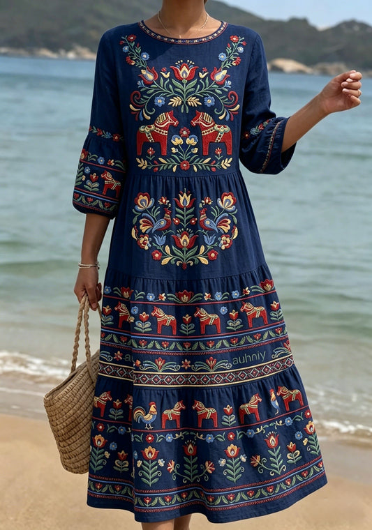 Women's Retro Swedish Midsummer Folk Floral Half Sleeve Cotton-Linen Dress