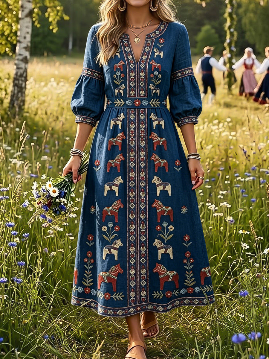 Dams Retro Svensk Midsommarkarusell Blommigt Konst V-Neck Klänning