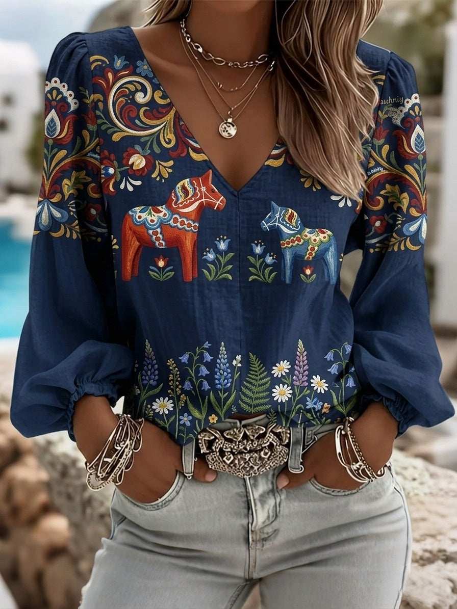Dams retro svensk midsommarfolkstil blus i bomull-linne med blommönster