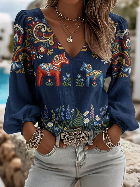 Women's retro Swedish midsummer folk style cotton-linen floral print blouse