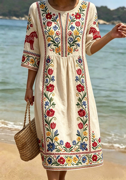 Women's Retro Swedish Midsummer Folk Floral Half-Sleeve (Side Slits) Cotton-Linen Dress