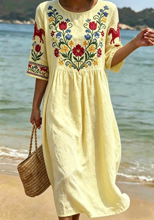 Women's Retro Swedish Midsummer Folk Floral Half-Sleeve Cotton-Linen Dress