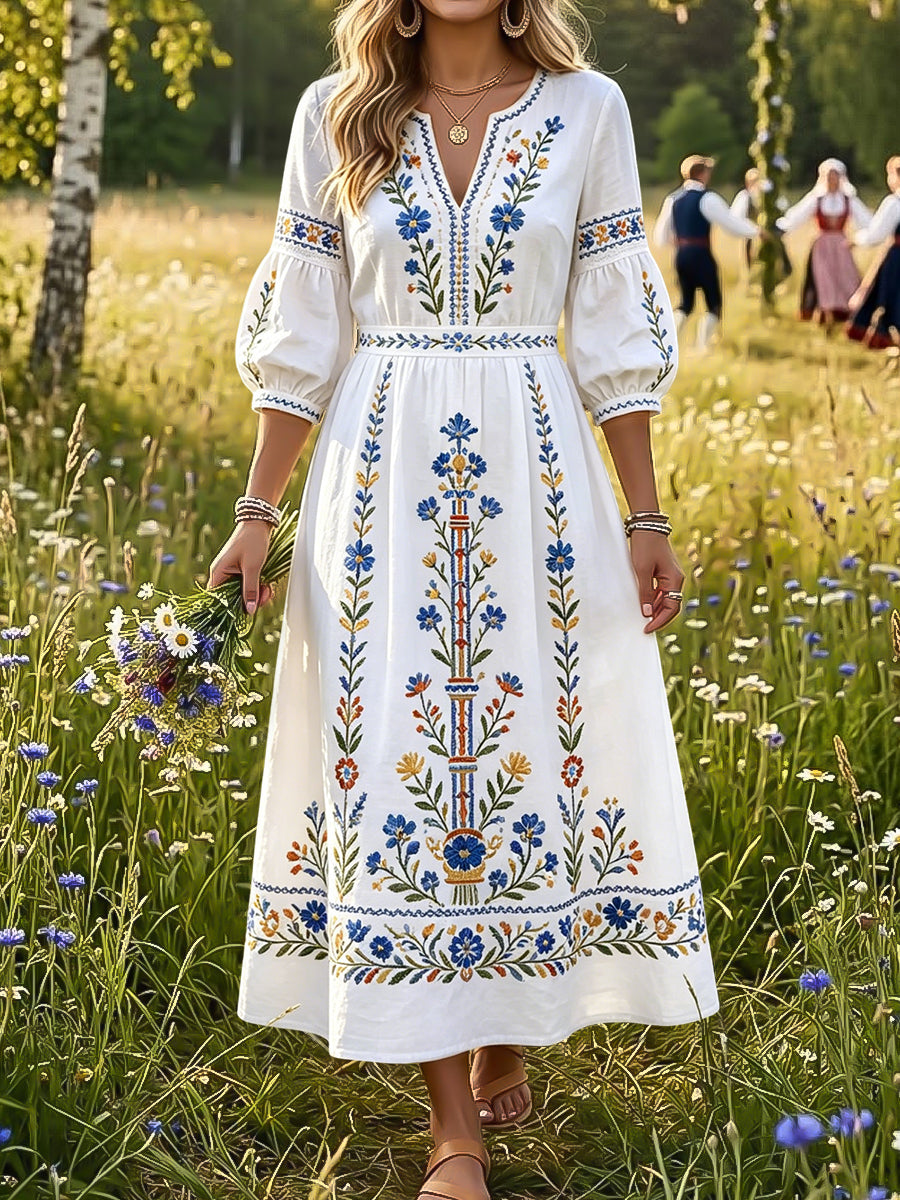 Women's Retro Swedish Midsummer Floral Art V-Neck Dress