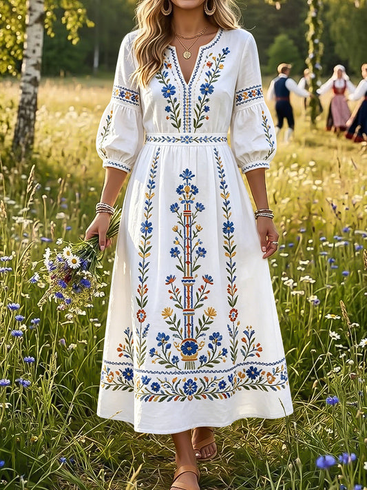 Women's Retro Swedish Midsummer Floral Art V-Neck Dress