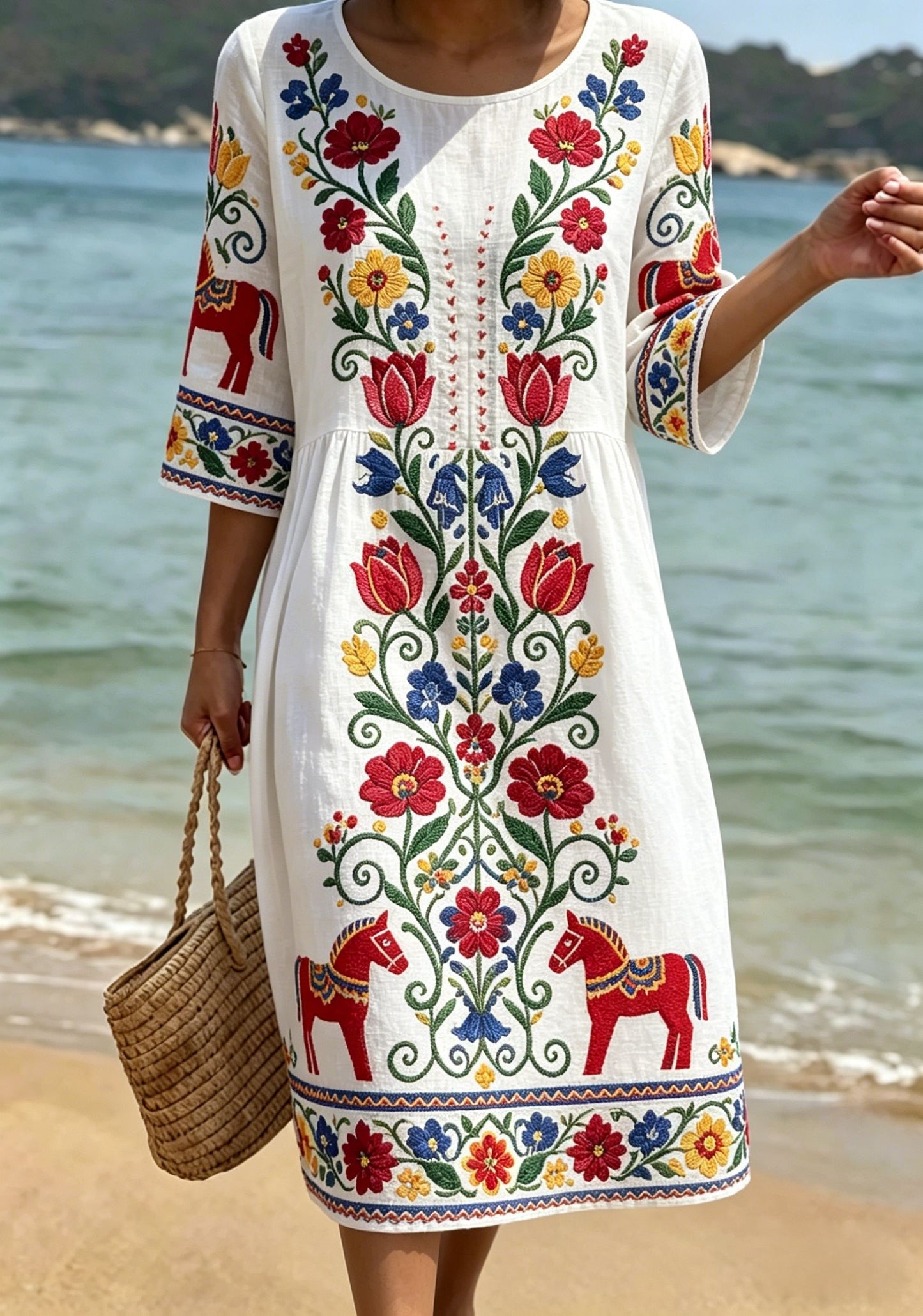 Dams Retro Svensk Midsommar Folk Floral Halvlång Ärm Bomull-Linne Klänning