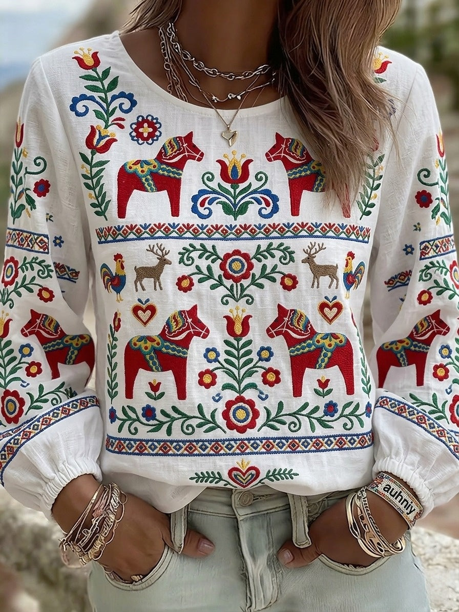 Women's retro Swedish midsummer folk style cotton-linen floral print blouse