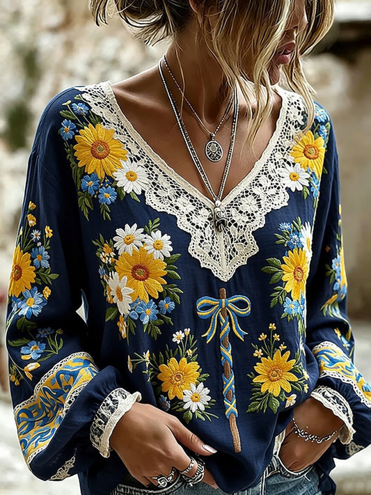Retro Midsummer Floral Art Print - Relaxed and Comfortable Cotton-Linen Top