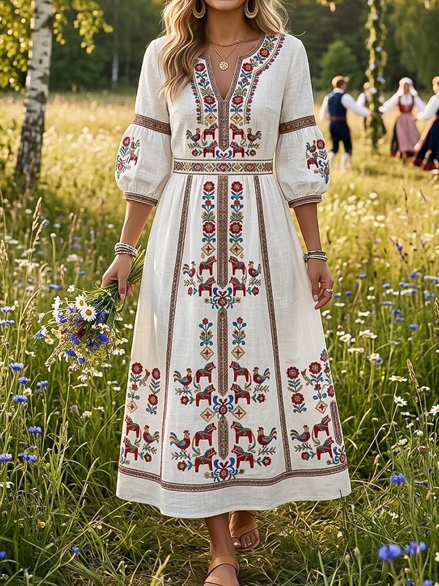 Dams retro svensk midsommarblommig klänning med v-ringning