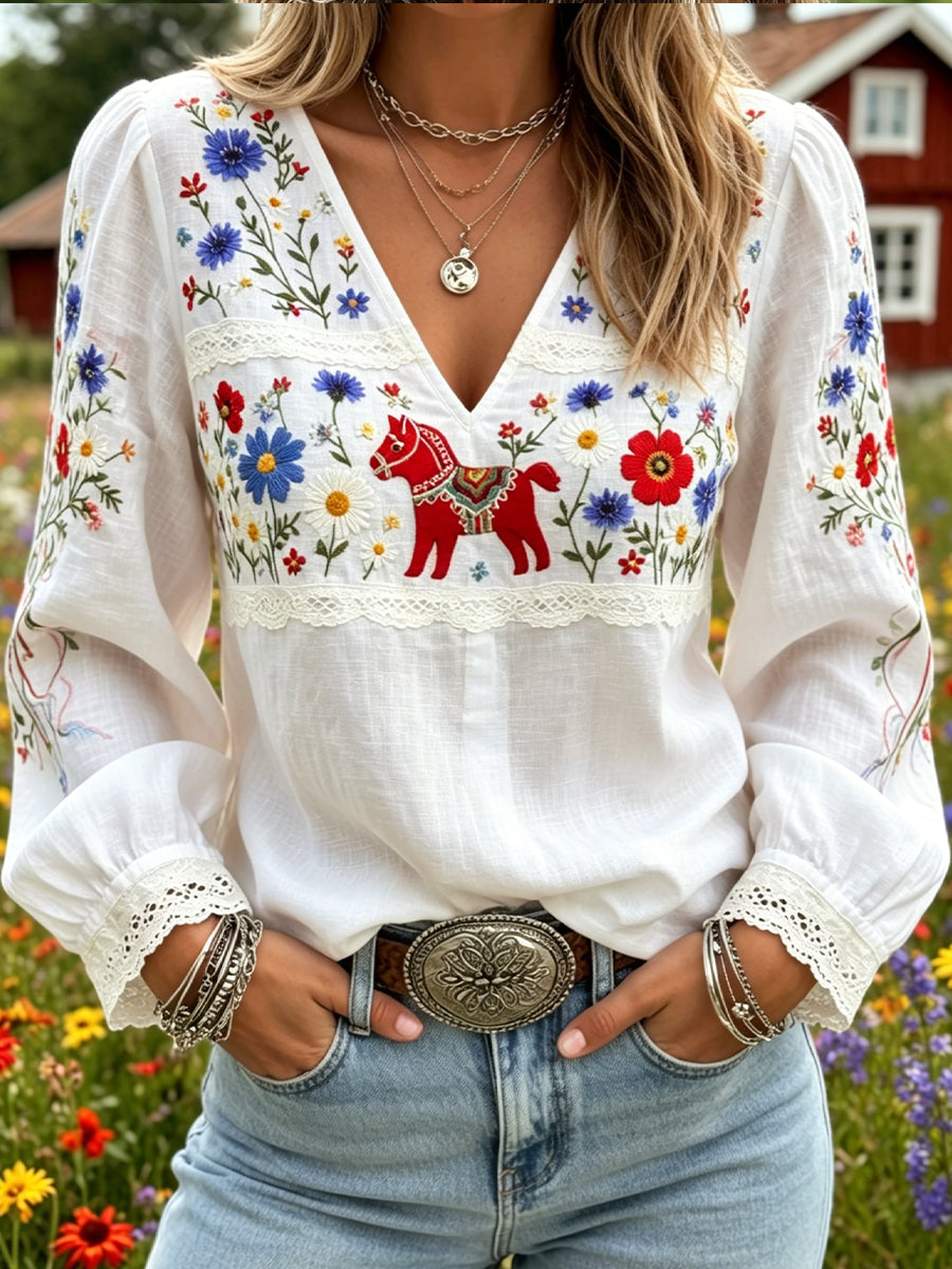 Women's Retro Midsummer Art Print Relaxed V-Neck Comfortable Cotton-Linen Top