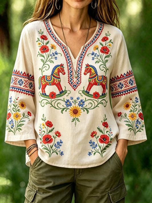 Women's retro Swedish midsummer folk style cotton-linen floral print blouse