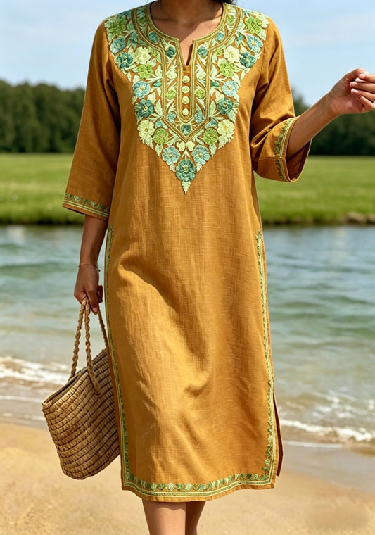 Women's retro Swedish midsummer folk style floral cotton-linen dress
