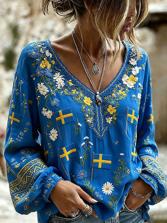 Women's Retro Midsummer Art Print Relaxed V-Neck Comfortable Cotton Linen Top